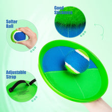 Green-blue toss and catch paddle with sticky ball and adjustable strap