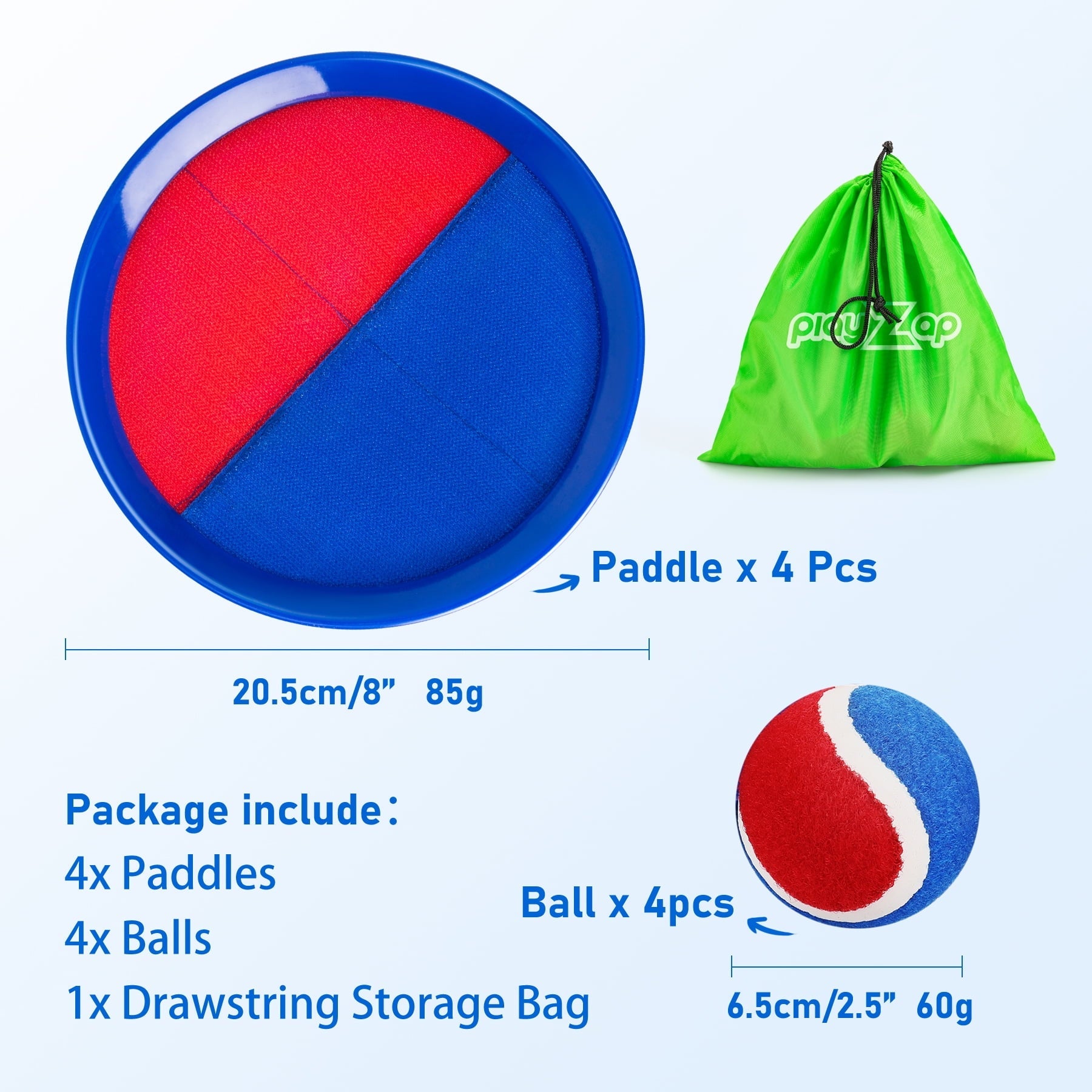 PLAYZAP Toss and Catch Ball Set - Outdoor Toys for Kids ages 3 4-8, Beach Toys Outside Yard Pool Lawn Games, Gifts for Boys Girls Adults Family - 4 Paddles 4 Sticky Balls(Upgraded)