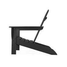 Dark gray adirondack chair in profile view with slatted back and seat