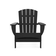 Dark gray adirondack chair with slatted backrest and armrests