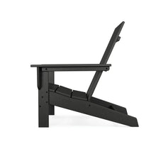 Black modern Adirondack chair side view with armrests, angled back, and slatted base.