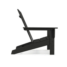 Black modern Adirondack chair side view with angled back and long slatted footrest.