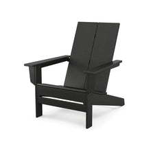 Black modern Adirondack chair with angled back, armrests, and slatted seat.