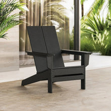Black modern Adirondack chair with angled back, armrests, slatted seat and side rails.