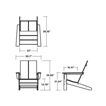 Modern Adirondack chair line drawing showing overall dimensions and seat measurements.
