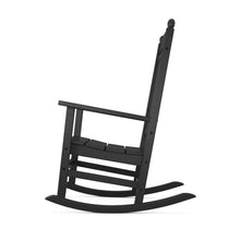 Black rocking chair with slatted back and armrests, curved rockers
