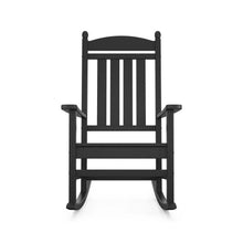 Black rocking chair, front view with slatted back and seat