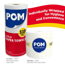 Individually wrapped toilet paper rolls with blue POM logo on the labels