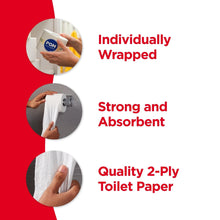 Individually wrapped 2-ply toilet paper rolls, shown with hands holding the tissue