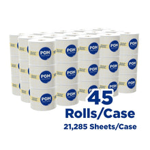 Individually wrapped toilet paper rolls in a 45-roll case with blue-and-white labels