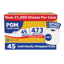 Toilet paper case with 45 individually wrapped 2-ply rolls in a retail box