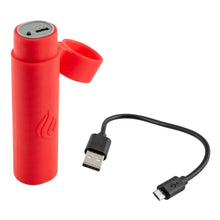 Red rechargeable hand warmer with wrist strap and USB charging cable