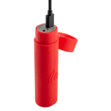 Red rechargeable hand warmer with charging port and attached cable