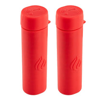 Red rechargeable hand warmer pair, cylindrical with top button and heat icon