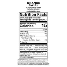 Nutrition Facts label for PRIME Orange Swirl hydration drink, 15 calories per serving.