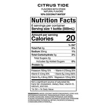 Nutrition Facts label for PRIME Citrus Tide hydration drink, 20 calories per bottle.