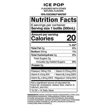 Nutrition Facts label for PRIME Ice Pop hydration drink, 20 calories per bottle.