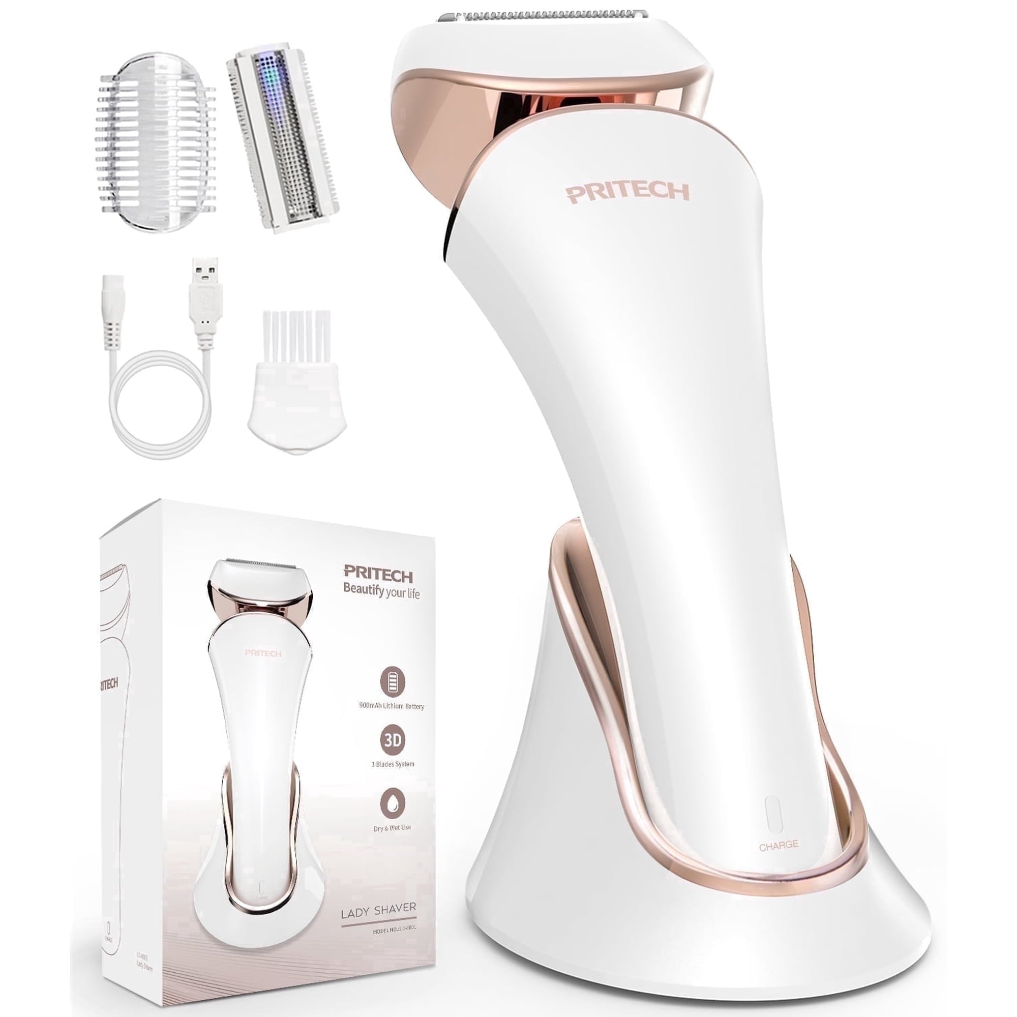 PRITECH Electric Shaver for Women - Cordless Lady Razor, USB Rechargeable, Wet & Dry Waterproof Razor for Legs, Arms, Underarms, Bikini