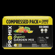Compressed organic garden mix 2-bag pack, yellow and black retail box.