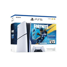 PlayStation 5 bundle box showing white console and controller, Fortnite themed packaging