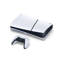 PlayStation 5 console with controller, white top and dark base on side