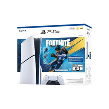 PlayStation 5 bundle box with Fortnite artwork and controller, white console shown