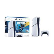 PlayStation 5 console with controller and Fortnite bundle box, white with dark stripe