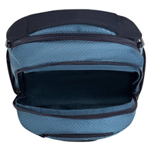 Blue PUMA backpack opened to show dark interior and top zipper