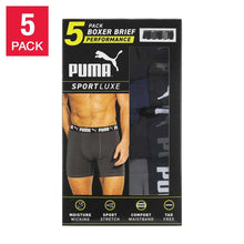 PUMA men's boxer briefs 5-pack, dark and navy briefs shown in retail box