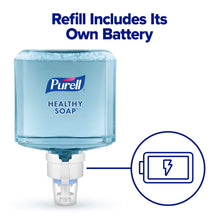 Purell Healthy Soap refill with dispenser pump and battery feature icon, blue bottle
