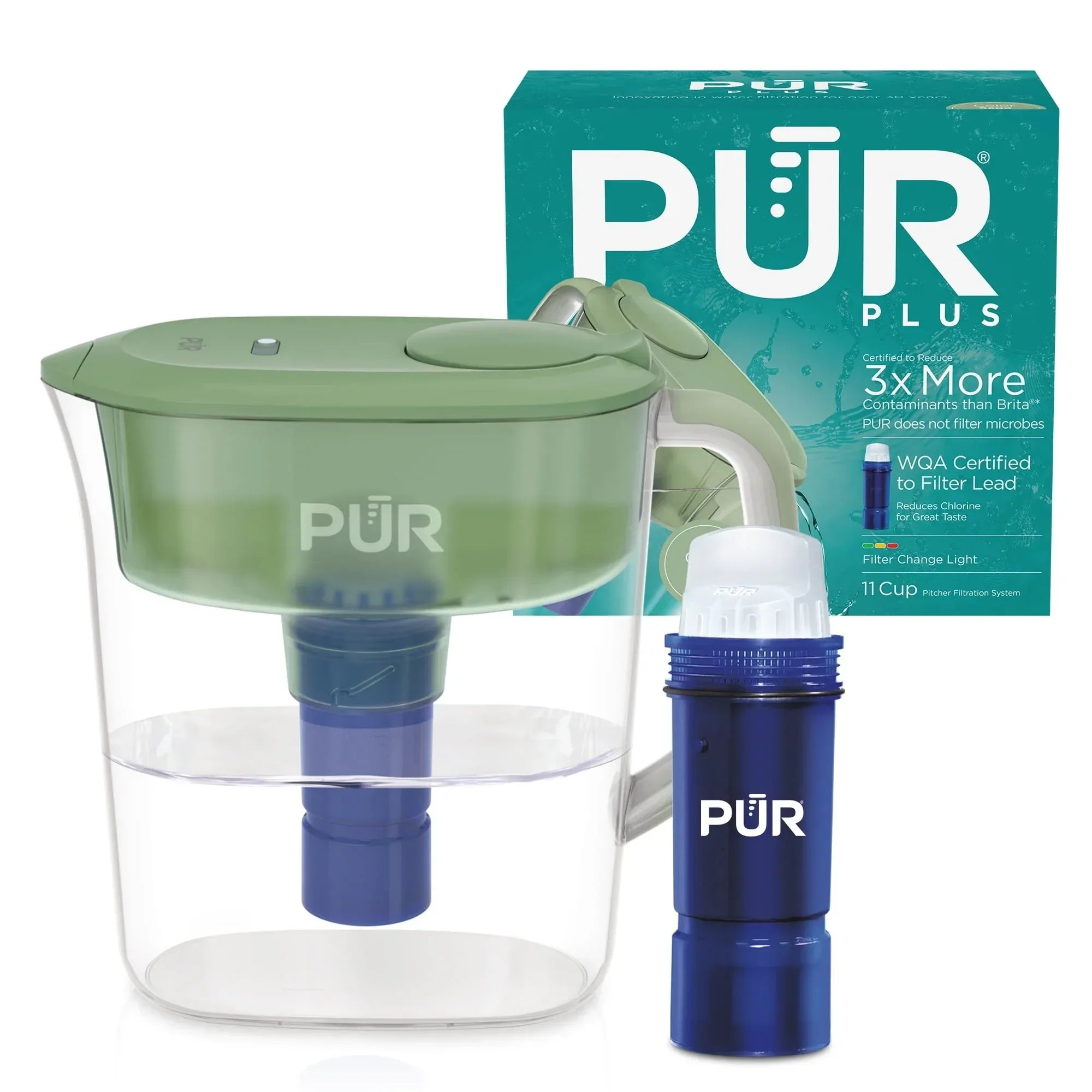 PUR PLUS 11 Cup Water Pitcher with Lead Reducing Filter, W 9.6" x H 10.1" x L 4.5",
