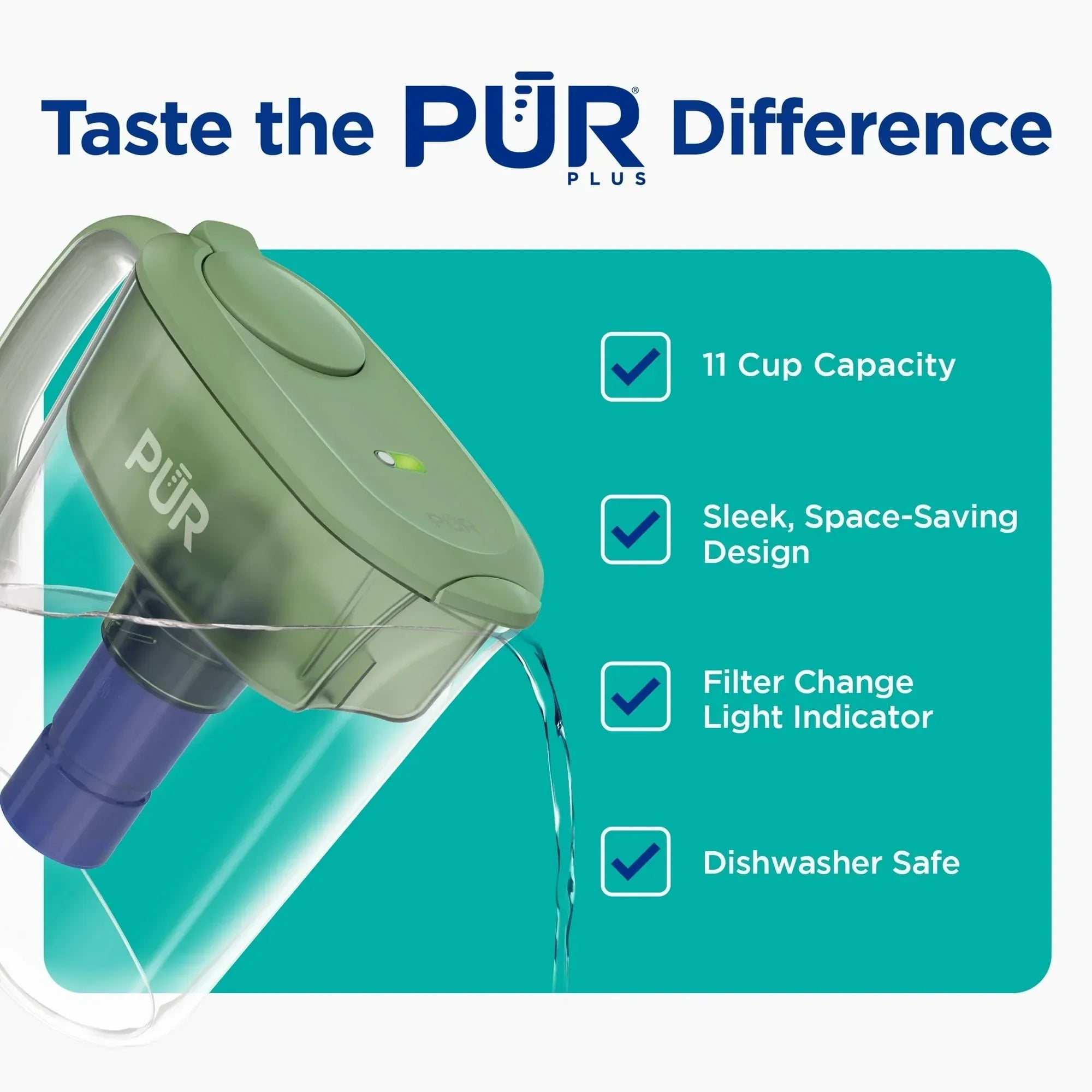PUR PLUS 11 Cup Water Pitcher with Lead Reducing Filter, W 9.6" x H 10.1" x L 4.5",