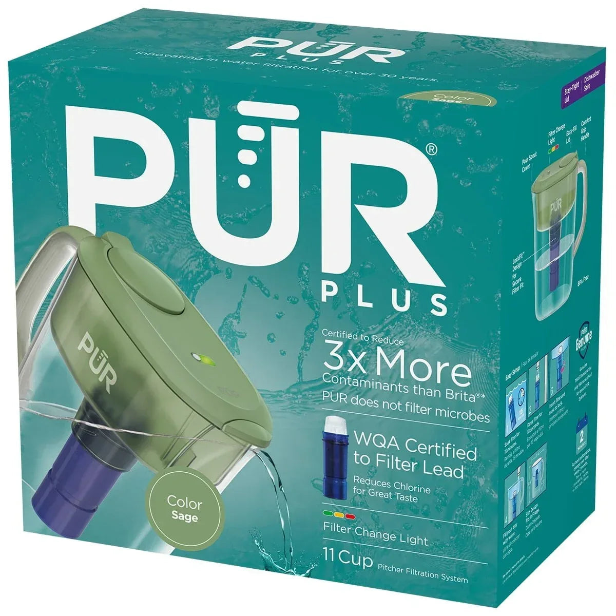 PUR PLUS 11 Cup Water Pitcher with Lead Reducing Filter, W 9.6" x H 10.1" x L 4.5",