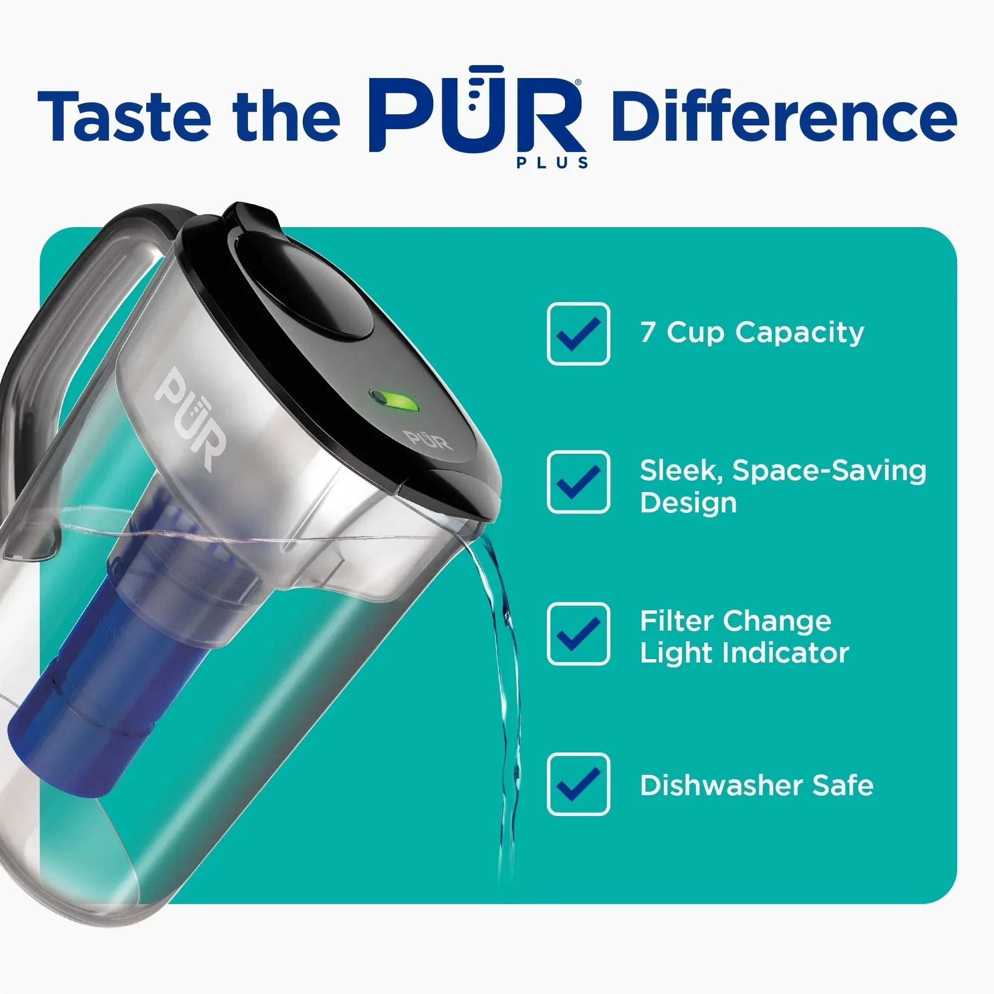 PUR PLUS 11 Cup Water Pitcher with Lead Reducing Filter, W 9.6" x H 10.1" x L 4.5",