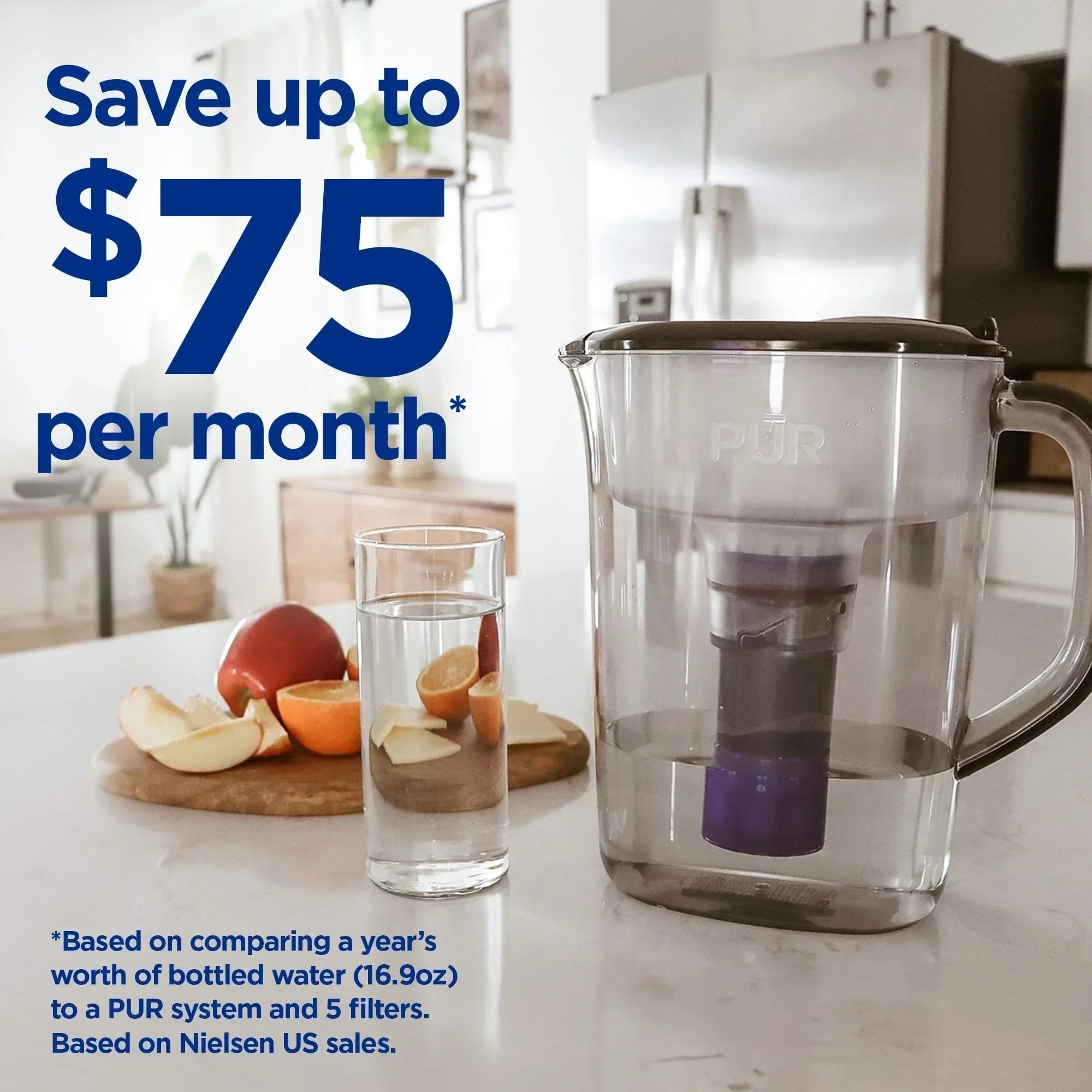 PUR PLUS 11 Cup Water Pitcher with Lead Reducing Filter, W 9.6" x H 10.1" x L 4.5",