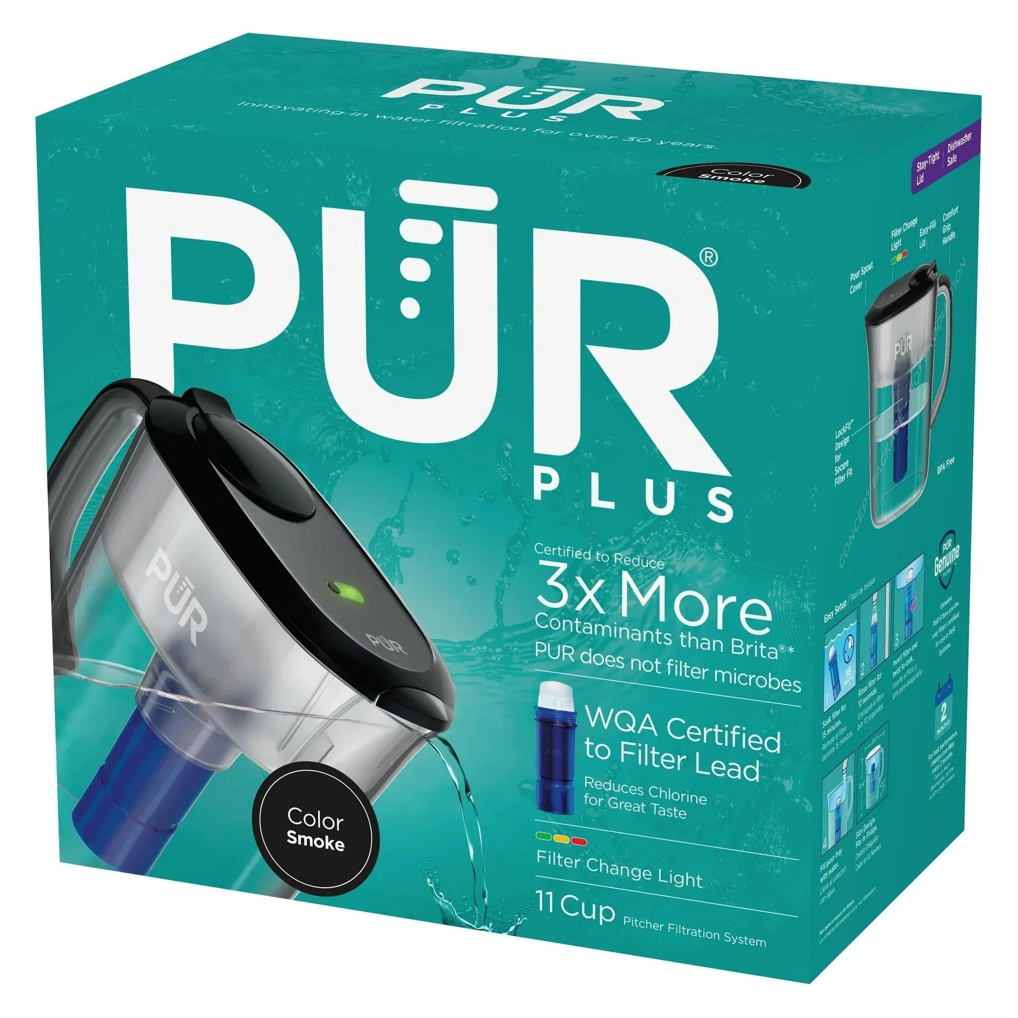 PUR PLUS 11 Cup Water Pitcher with Lead Reducing Filter, W 9.6" x H 10.1" x L 4.5",