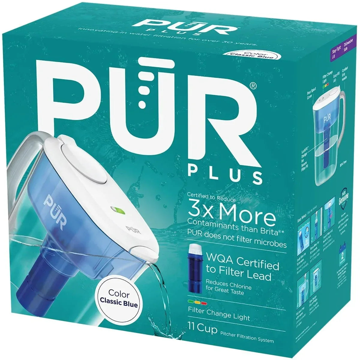 PUR PLUS 11 Cup Water Pitcher with Lead Reducing Filter, W 9.6" x H 10.1" x L 4.5",