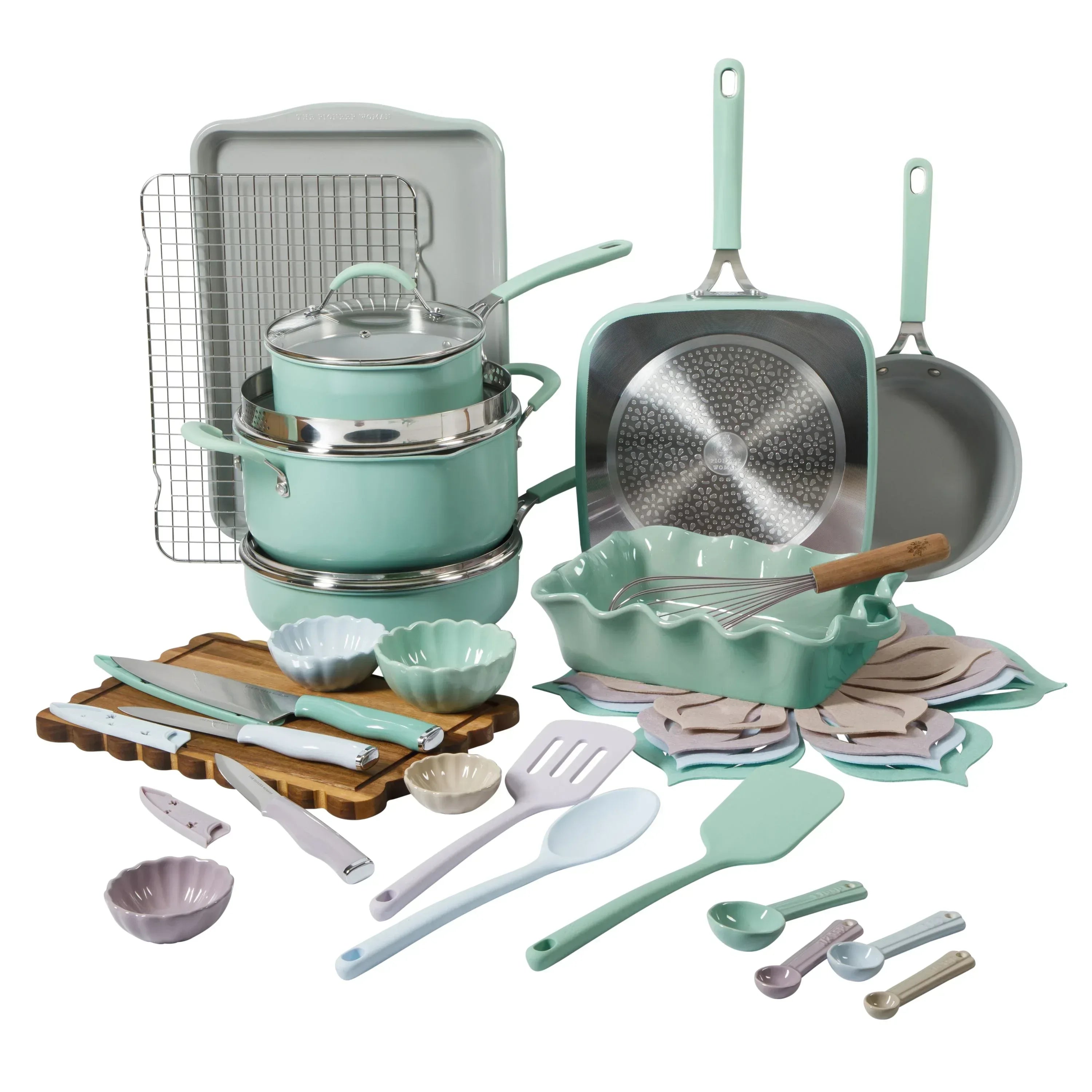 The Pioneer Woman Sutton 34-Piece Ceramic Nonstick Cookware and Bakeware Set, Beige