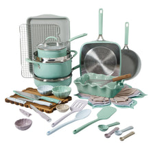 Green ceramic nonstick cookware and bakeware set with matching utensils