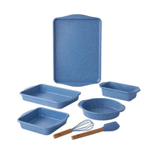 Blue speckled nonstick bakeware set with seven steel pans and two wooden-handled tools