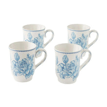 Blue floral stoneware mugs, set of 4 with curved handles and wide rims