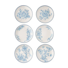 Blue stoneware appetizer plate set of 6, blue floral, scalloped rim