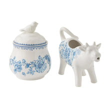 Blue floral stoneware sugar bowl with bird finial and lidded ceramic lid