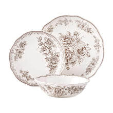 Stoneware dinnerware set: floral rose pattern plates and bowl, white with brown border