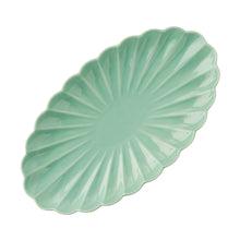 Green stoneware serving tray with leaf-shaped scalloped rim