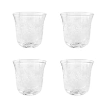 Set of four clear glass tumblers with white floral etched design