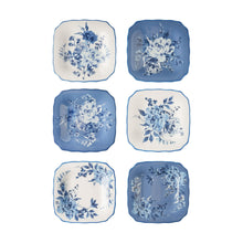 Set of 6 blue stoneware appetizer plates with mixed floral designs