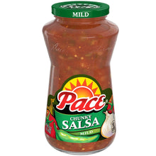 Mild chunky salsa jar with green lid and chunky red salsa filling