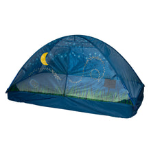 Blue kids bed tent with netting roof, moon decal, and glowing dot accents