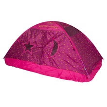 Folded twin bed tent in purple with yellow stars, curved roof and bright pink base